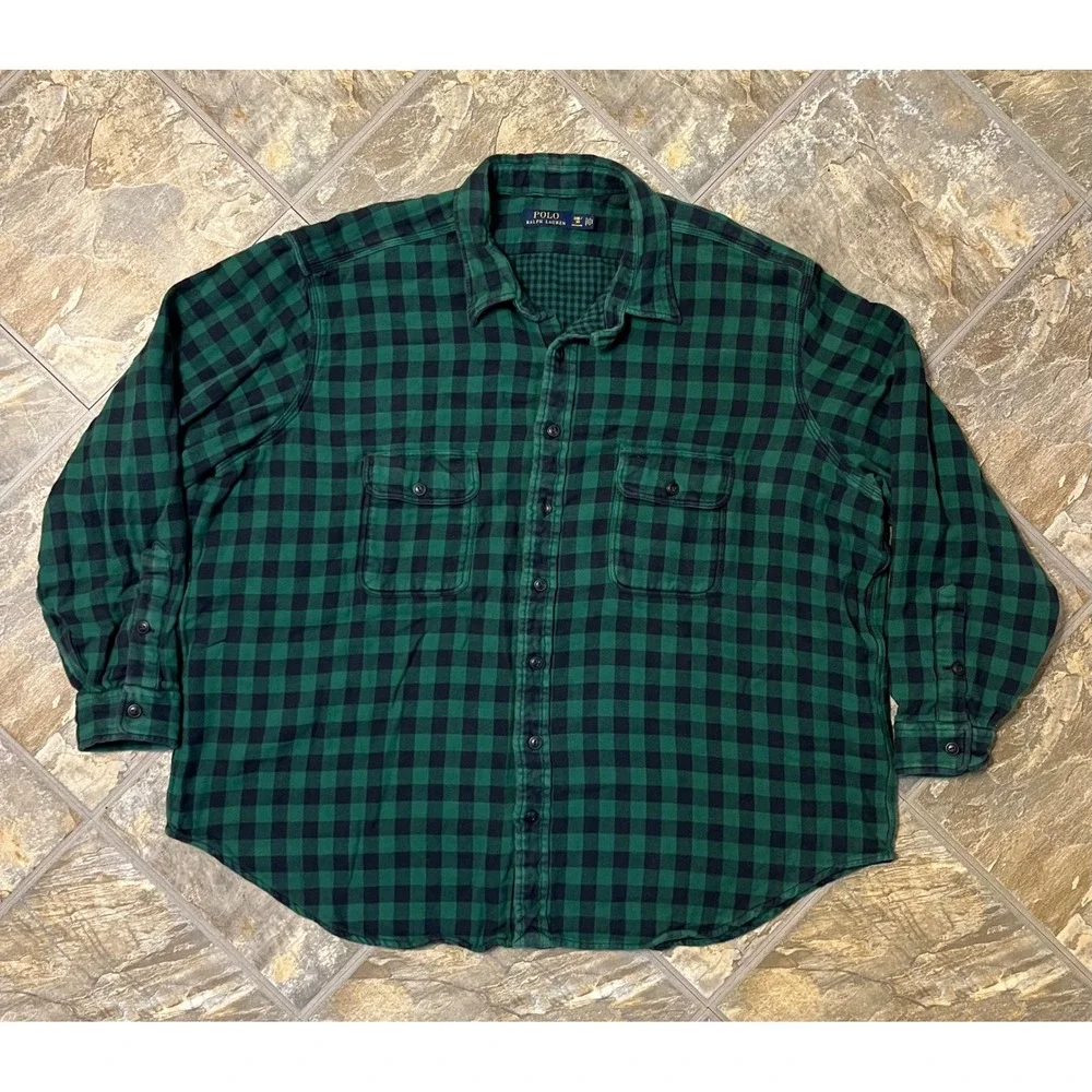 Polo Ralph Lauren Flannel Shirt Mens 3XB Green Black Buffalo Plaid LS